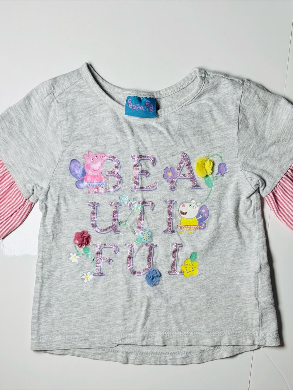 Official Peppa Pig Beautiful 3D Ribbon Flower Candy Striped Sleeve Tee 4T